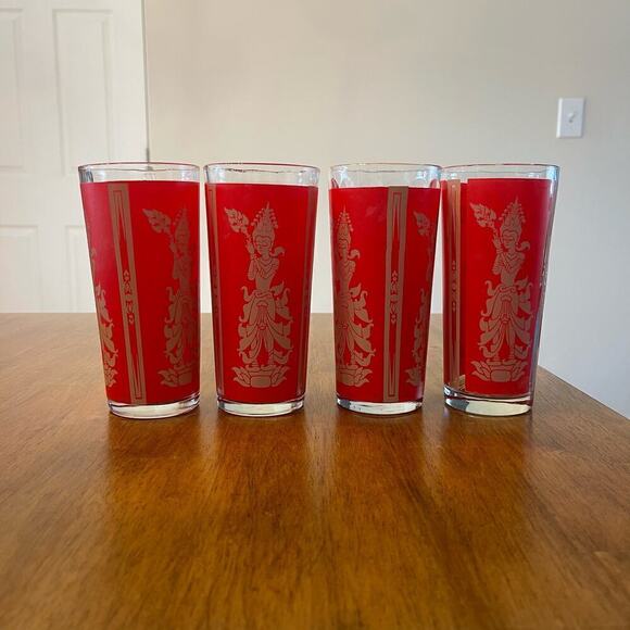 Vintage Set of 4 MCM Red and Gold Thai Princess Highball Glasses - Picture 3 of 5